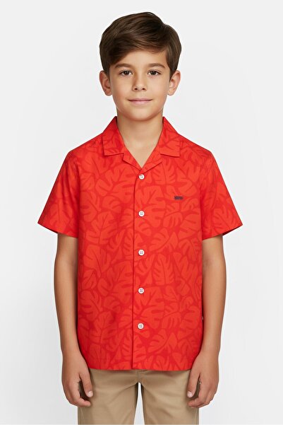 Hugo Boss Boss Kids Boy Spread Collar Allover Print Short Sleeve Shirt, Tomat...