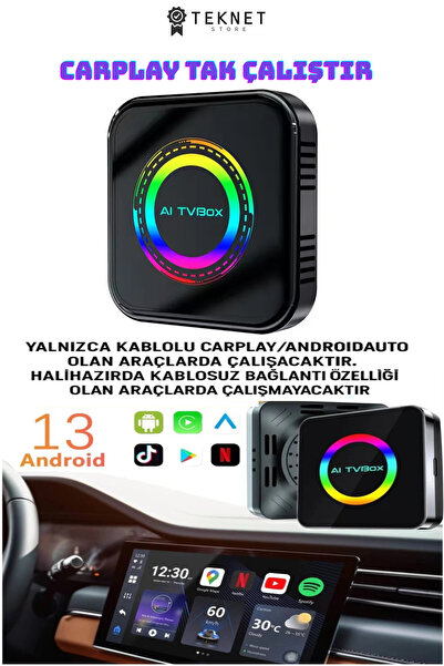 TEKNETSTORE Araba Carplay Android Auto Box 4GB Ram 32GB Hafıza Youtube Netfli...