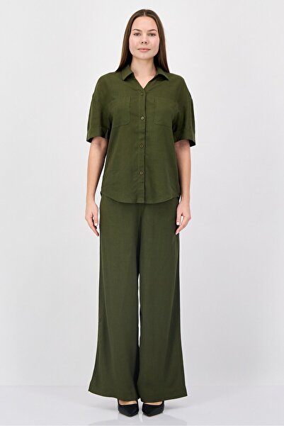 Anne Klein Women 2 Pcs Solid Shirt And Pants Set, Dark Olive