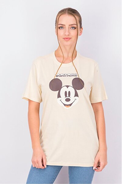 Disney Women Crew Neck Short Sleeve Graphic Print Top, Beige and Brown