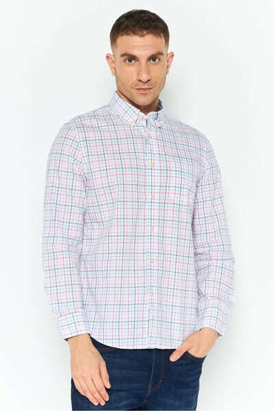 Chaps Men Regular Fit Plaid Long Sleeve Casual Shirt, Red/ White Combo