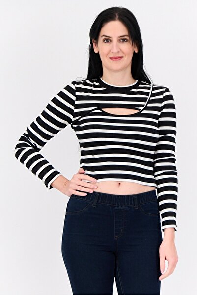 Don't Call Me Jennyfer Women Crew Neck Long Sleeve Stripe Top, Black