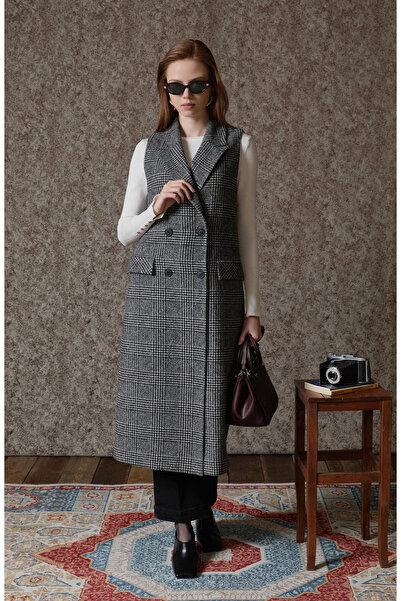 Fatma Atasoy Ekose Kazayağı Siyah Maksi Yelek