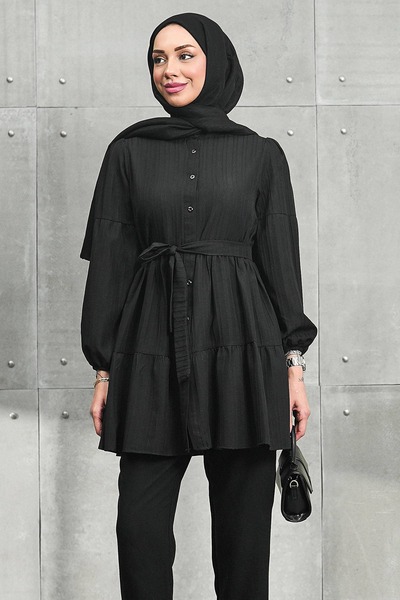 İmajButik Black Tunic with Elastic Sleeves and Layered Skirt