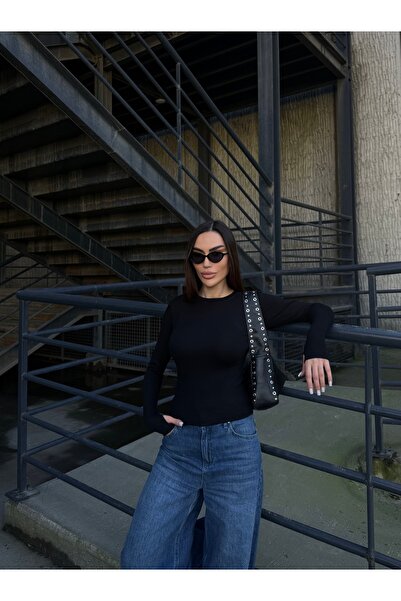 Fav Style Body de damă cu detaliu la degete guler rotund negru