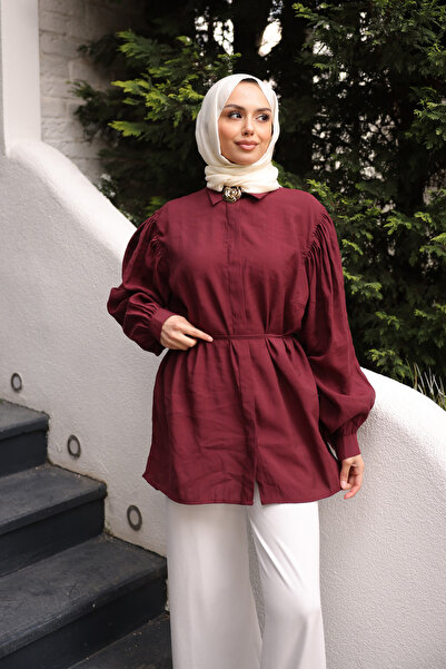 İmajButik Burgundy Bel Tie-Detail Tunic with Brooch Modal