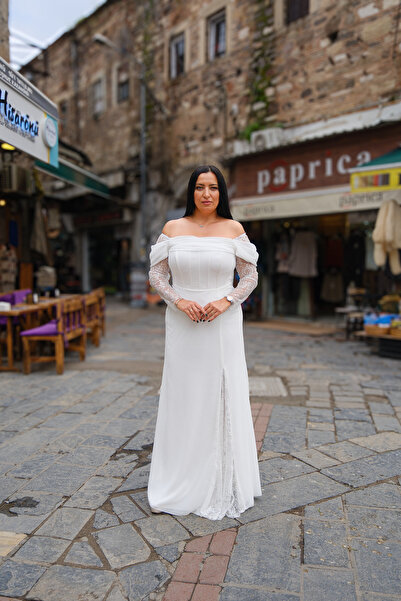 fevzuss Beyaz Dantel Detaylı Büyük Beden Abiye