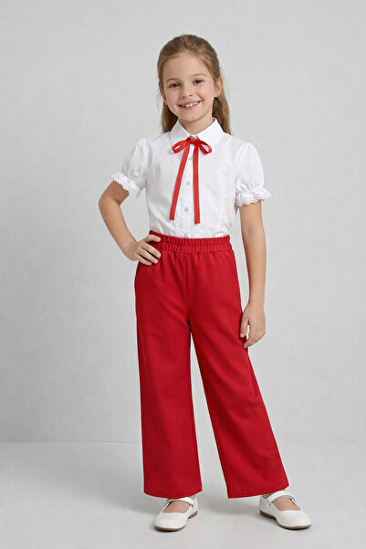 FATELLA Devojčice, crvene pantalone sa širokim nogavicama i mašnom, Čipka kom...