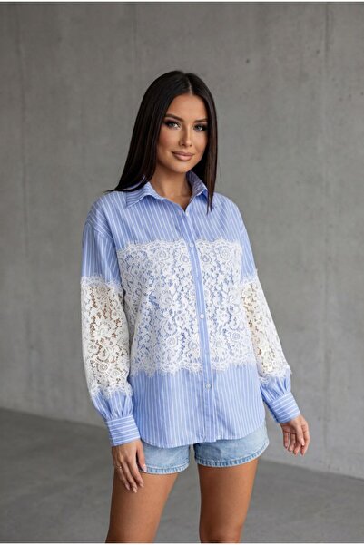 Noi Belis Striped Lace Detailed Woven Shirt Ss26Go0005
