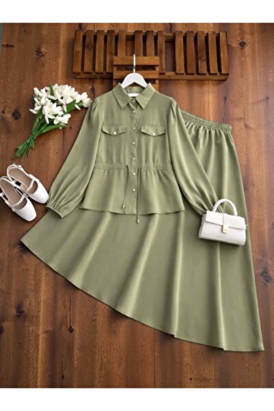 ŞAHİN TESETTÜR GİYİM BELİ TÜNEL BAĞLAMALI CEP KAPAKLI KİLOŞ ETEKLİ TAKIM 1726