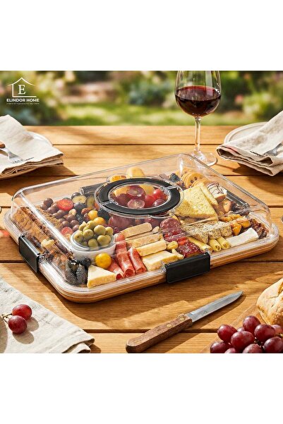 Elindor ® Bamboo Cheese and Appetizer Platter with Transparent Lid, 37 × 29 ×...
