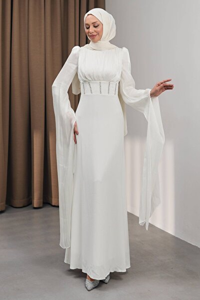 İmajButik Ecru Sleeve Detail Fish Model Stone Evening Dress