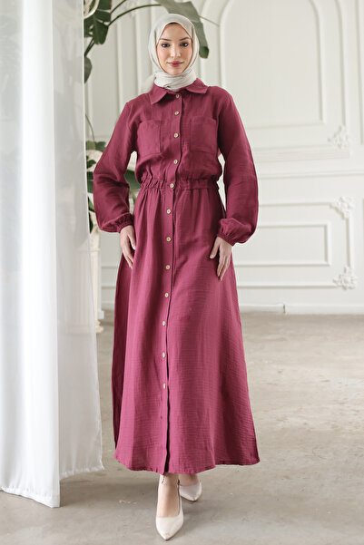 İmajButik Rochie dublă cu buzunare cu mâneci și talie elastice, cu nasturi, c...