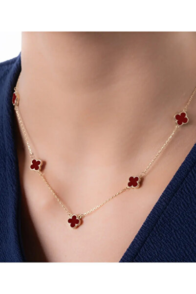 Rojmix Burgundy 5 Stone Clover Model Women's Steel Necklace
