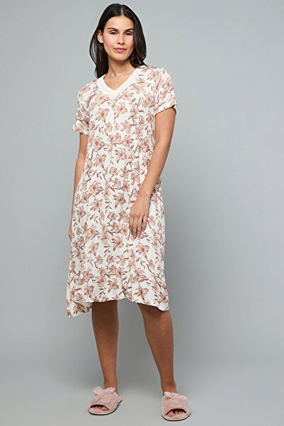 R&B Floral Print Nightdress with V-Neck and Short Sleeves