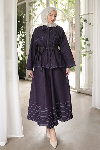 İmajButik Mürdüm Kuşaklı Ceket Etekli Takım Kot Takım