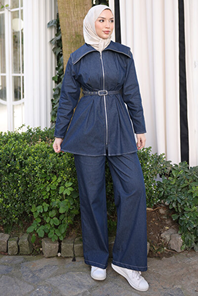 İmajButik Set de jachetă și pantaloni cu fermoar, albastru marin, curea piese