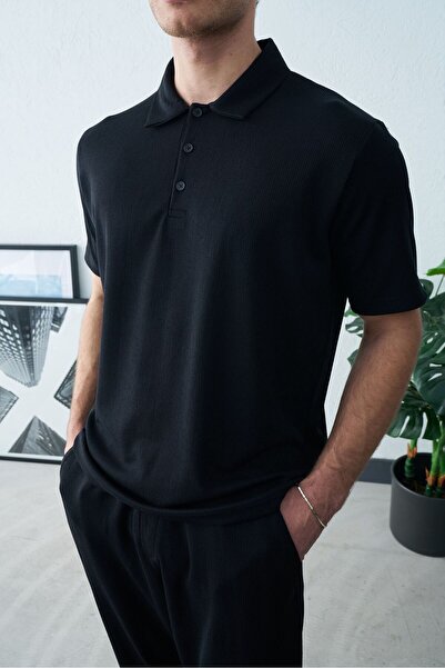 TÜZeMEN Textured Collared Buttoned Tshirt
