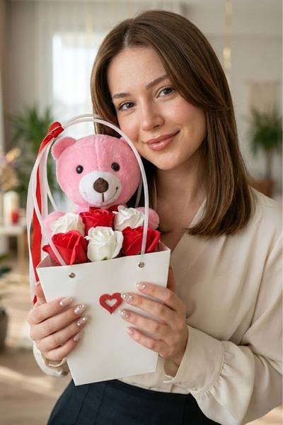 Sole Premium Bag Piece 35 cm Bear & 6 Roses Design Bouquet Gift for Lover, Fr...