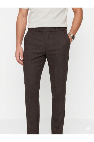 imaj giyim Men's Brown Slim Fit Textured Canvas Fabric Trousers