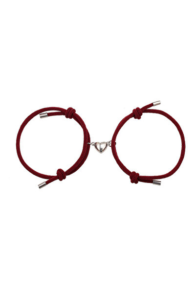 EFAYN.RO Couple bracelet set with heart magnet, string type, dark red, adjust...