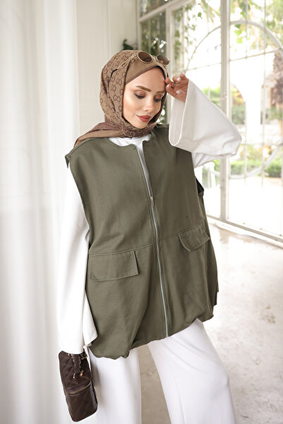 İmajButik Khaki Zipper Bag Oversized Gabardine Vest