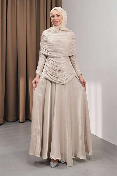 İmajButik Mink Draped Evening Dress with Mobile Cape