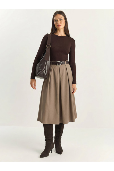 Bianco Lucci Women's Pleated Detailed Midi Length Belt Piece Skirt 0856 60283958