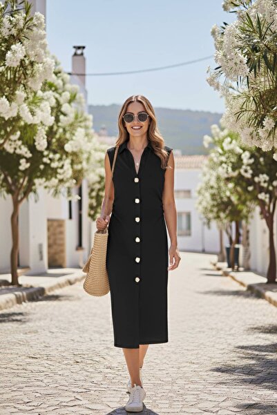 Veni Life Front Buttoned Side Slit Ruched Dress