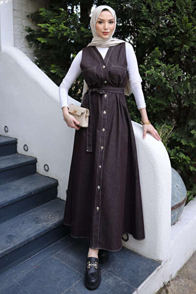 İmajButik Brown Buttoned Pocketed Denim Gilet