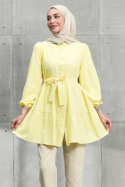 İmajButik Yellow Elastic Sleeve Layered Skirted Tunic