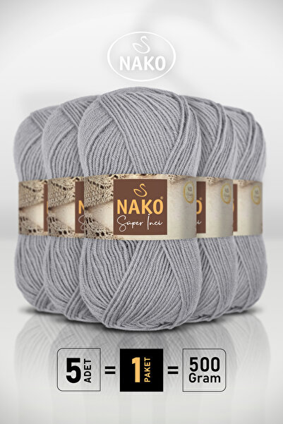 NAKO Süper İnci - 11538 Gri - 5'li Paket - 100gr/260m - El Örgü İpi - Atkı Ye...