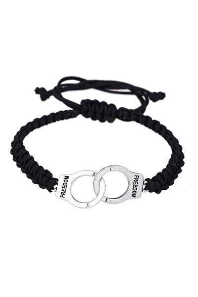 EFAYN.RO Bracelet with handcuff pendant, silver, adjustable, made of rope, bl...