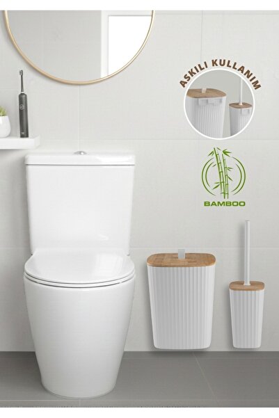 Store HGY Home Yapışkanlı Gerçek Bambu Wc Fırçalık ve Çöp Kovası Safir Beyaz ...