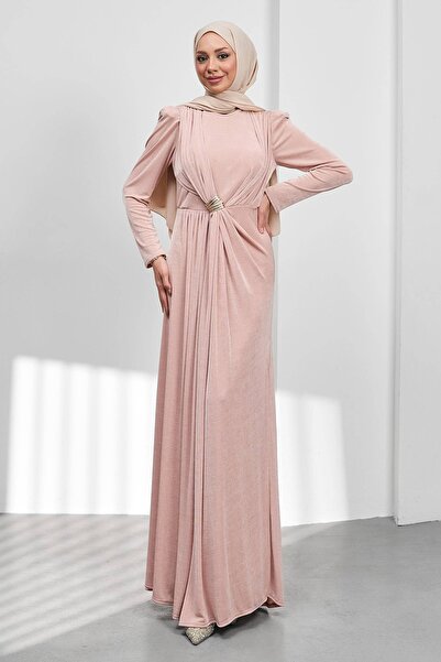 İmajButik Powder Front Drpeli Buckled Evening Dress