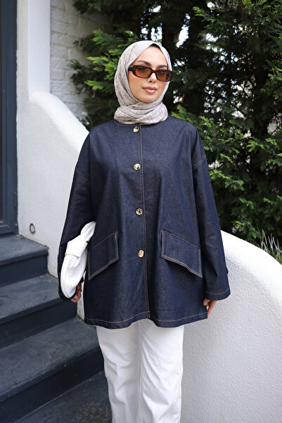 İmajButik Navy Blue Pocketed Button Oversized Jacket