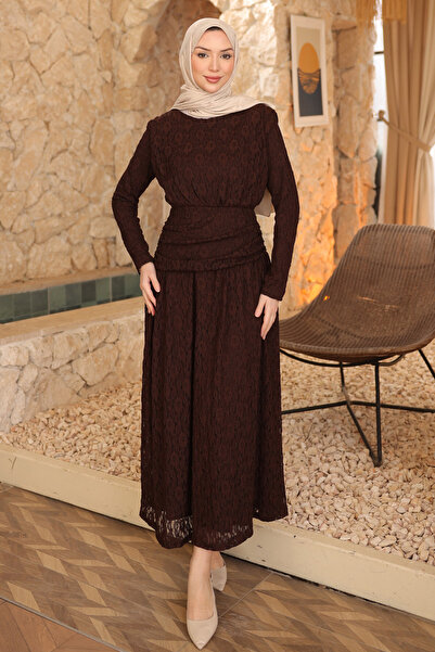 İmajButik Brown Guipure Lace Waist Detailed Dress