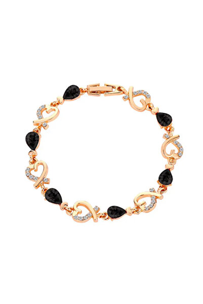 EFAYN.RO Women's bracelet, gold, fixed size, hearts and black crystals, EFAYN