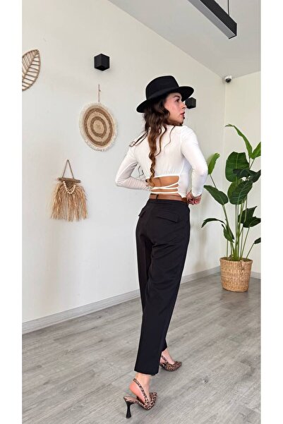 Şamdan Women's soft black trousers with a Belt - Made in Turkey