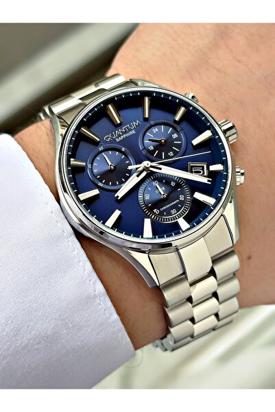 Quantum Functional Silver-Navy Blue Color Sapphire Glass Steel Band Steel Cas...