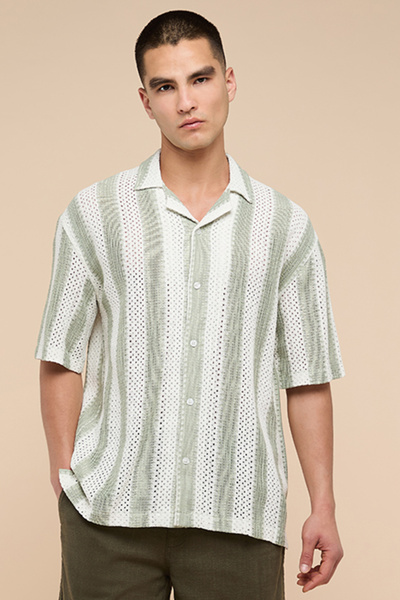 R&B Striped Shirt with Revere Collar and Short Sleeves