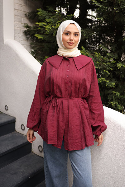 İmajButik Burgundy Peter Pan collar Bel Tie-Detail Shirt