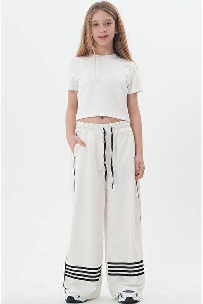 HayKids Girl's White Wide-Leg Palazzo Sweatpants - Black Stripe Detail