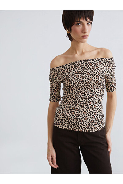 LC Waikiki Brown Boat Neck Blouse Pack of Leopard Printed