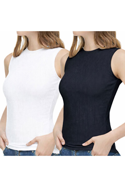 Velarise 2'li Siyah Beyaz Set Kadın Fitilli Kalın Atlet