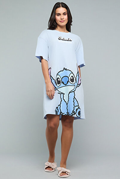 R&B Stitch Print Nightdress with Crew Neck and Short Sleeves