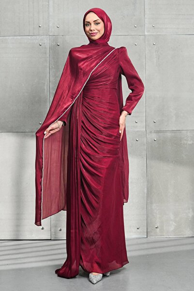 İmajButik Rochie de seară Bordeaux cu perle în față, mărimea B cu încrețituri