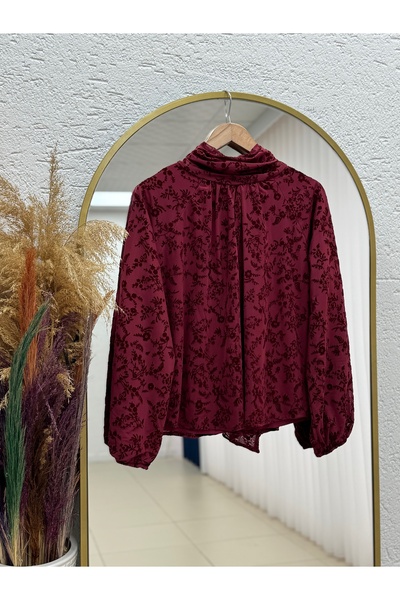 MİHRA STORE Güllü Önü Pileli Çıtır Desen Bluz-EK783-817 Kırmızı