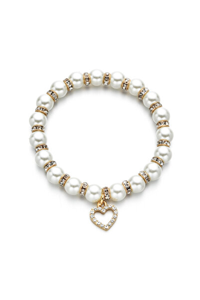 EFAYN.RO Bratara dama, margele albe, pandantiv inima cu cristale, strasuri, a...
