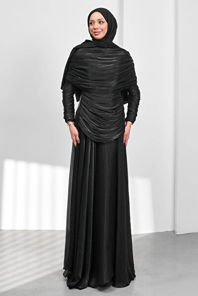İmajButik Black Draped Evening Dress with Cape